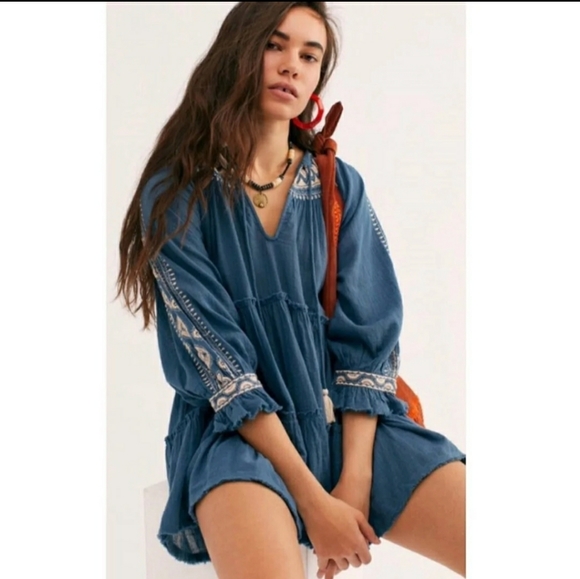 NWOT, Beautifully embroidered, turquoise free people tunic/dress. - Picture 4 of 11